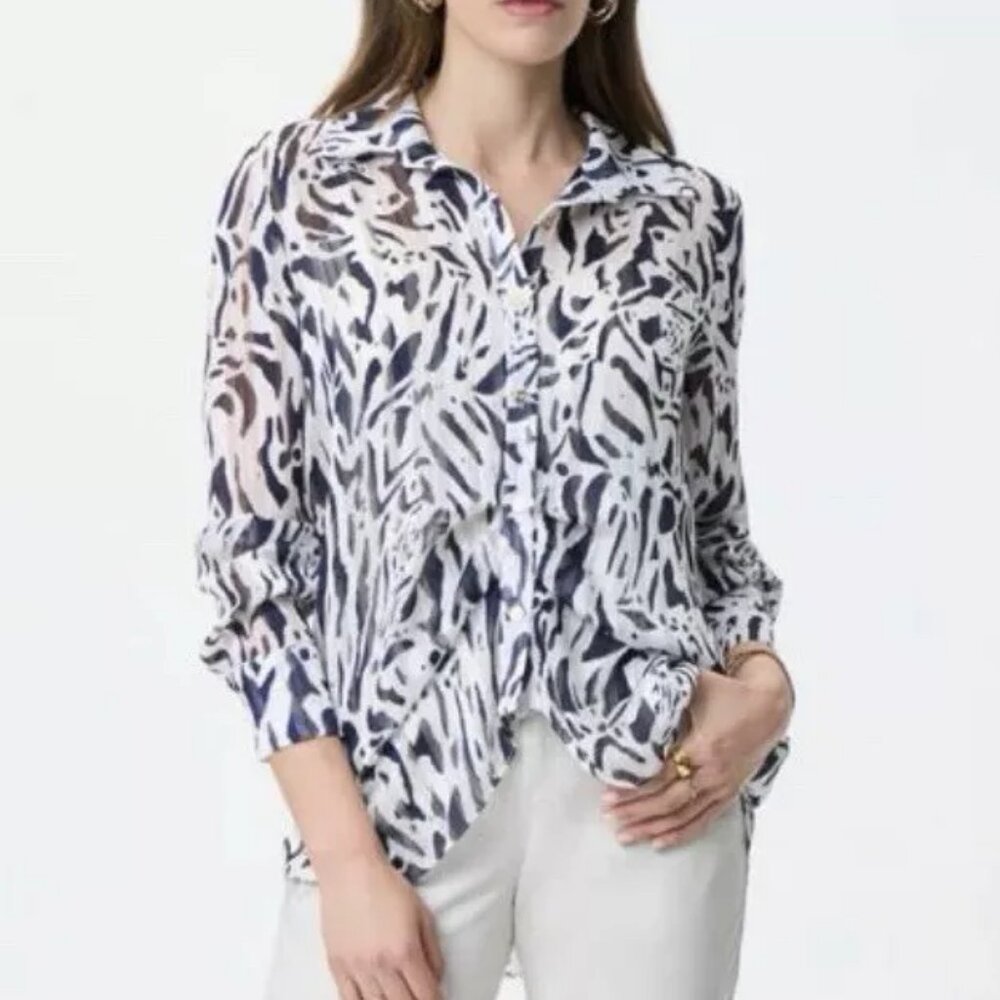 Joseph Ribkoff Sheer Top 12 Button Blue White Animal Print Metallic Long Sleeve